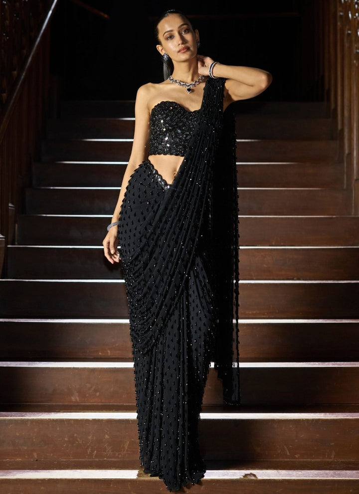 Vvani by Vani Vats Black Single Drop Georgette Pre-Draped Saree With CorsetFabilicious Fashion