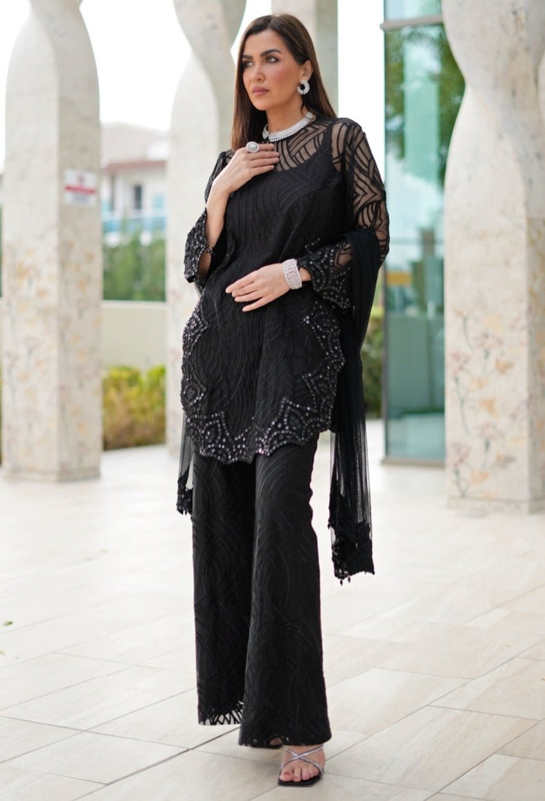 Black Soft Net Kurta Palazzo Set Twenty Nine - Fabilicious Fashion