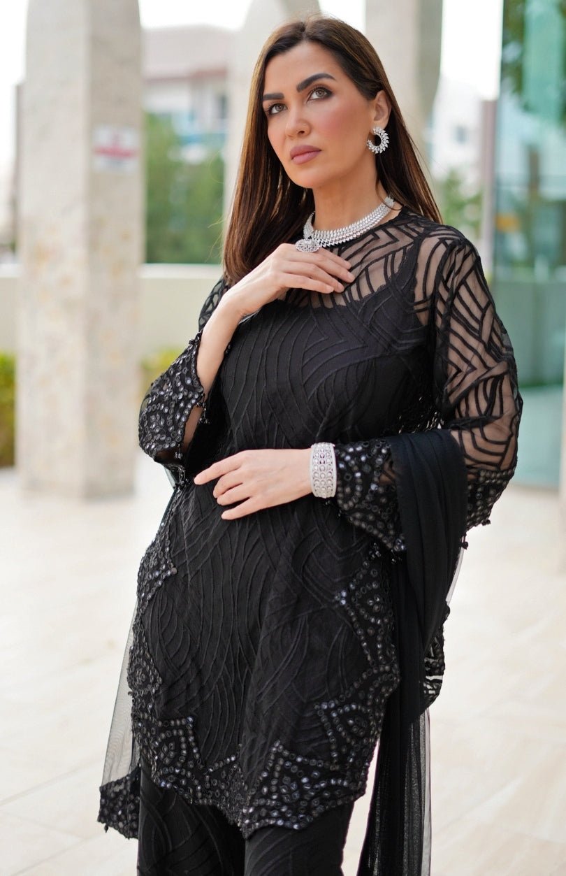 Black Soft Net Kurta Palazzo Set Twenty Nine - Fabilicious Fashion