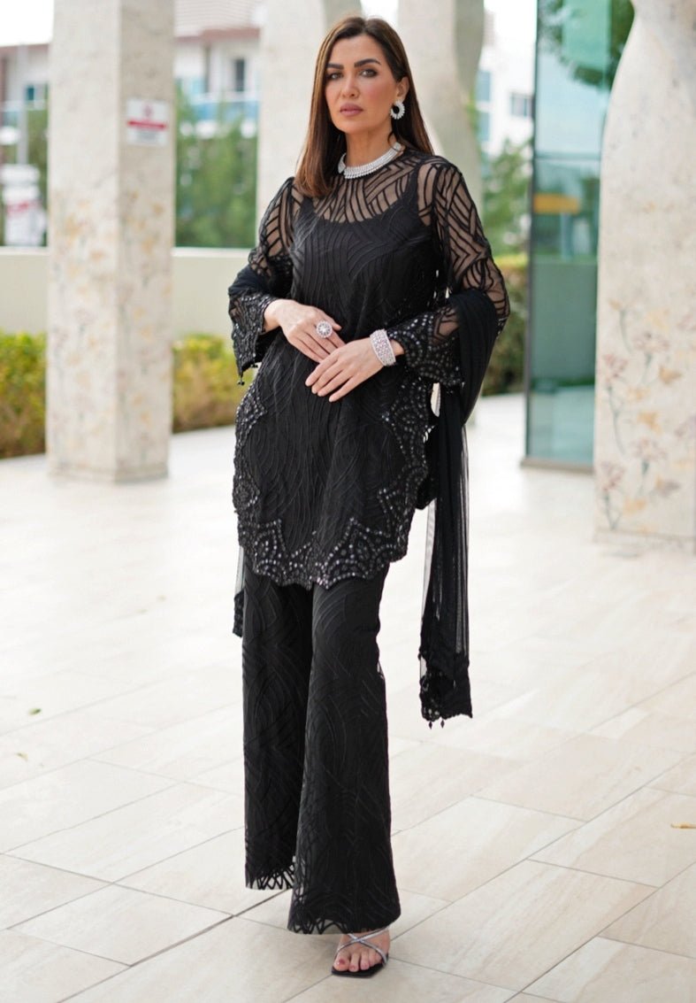 Black Soft Net Kurta Palazzo Set Twenty Nine - Fabilicious Fashion