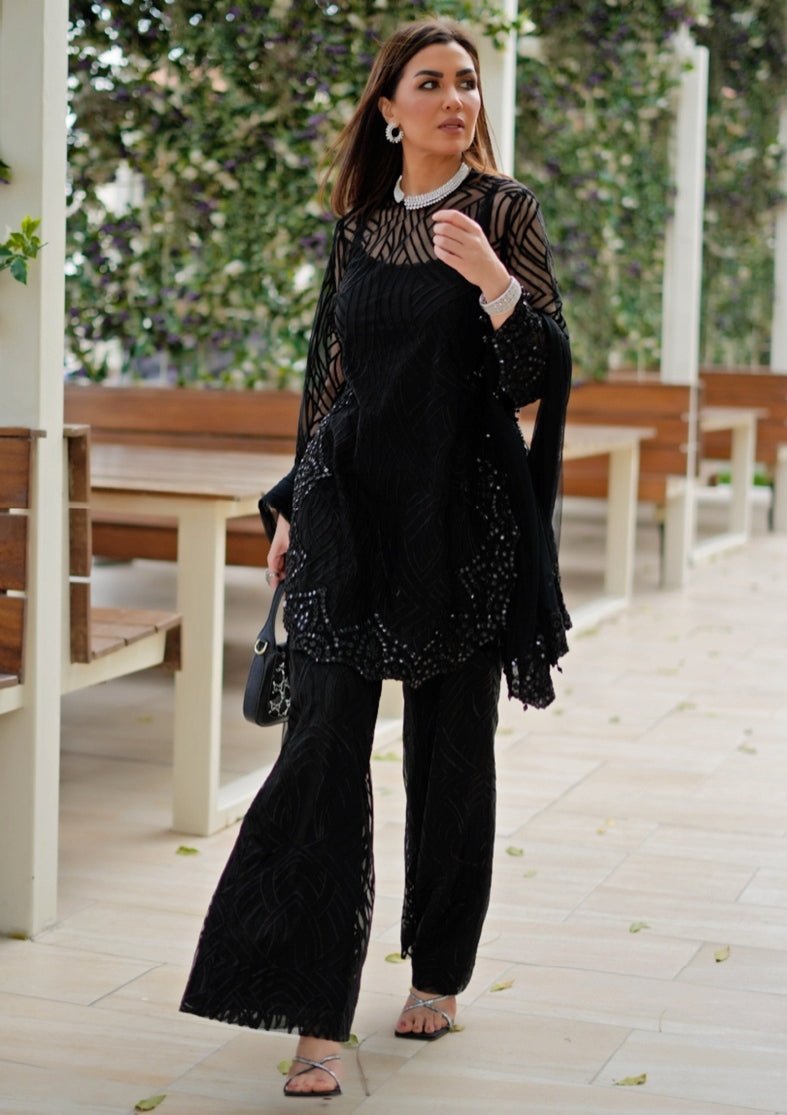 Black Soft Net Kurta Palazzo Set Twenty Nine - Fabilicious Fashion