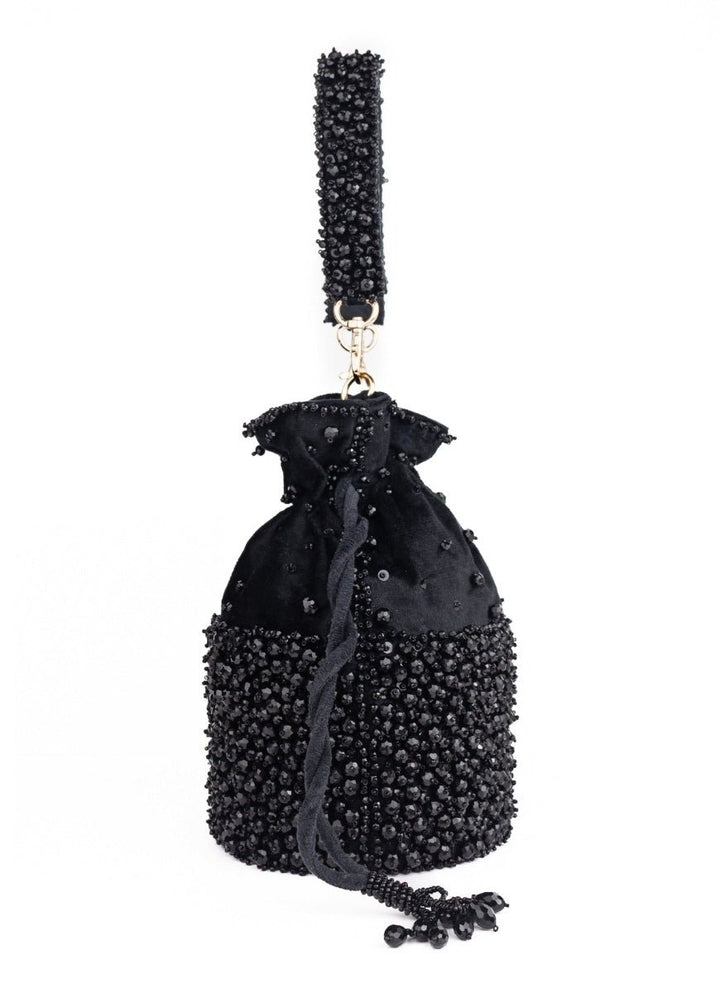 Black Suede Crystal Embellished Bucket Bag House of Kosha - Fabilicious Fashion