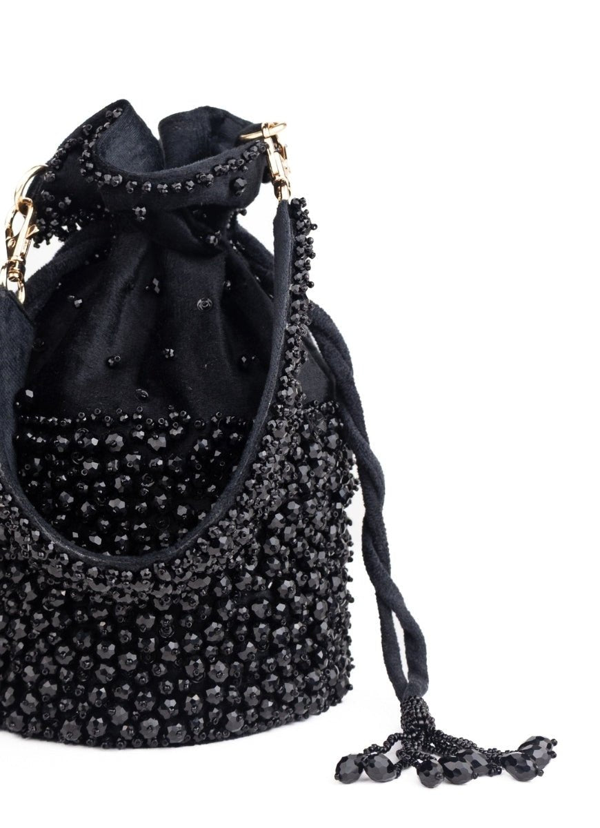 Black Suede Crystal Embellished Bucket Bag House of Kosha - Fabilicious Fashion