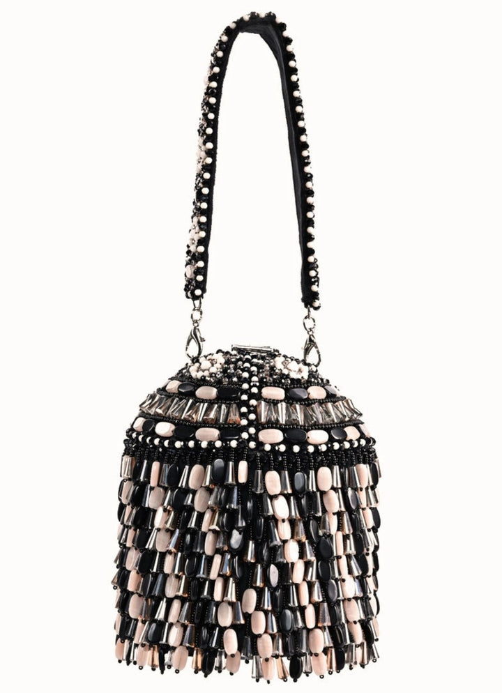 Black Suede Crystal Embellished Bucket Bag House of Kosha - Fabilicious Fashion