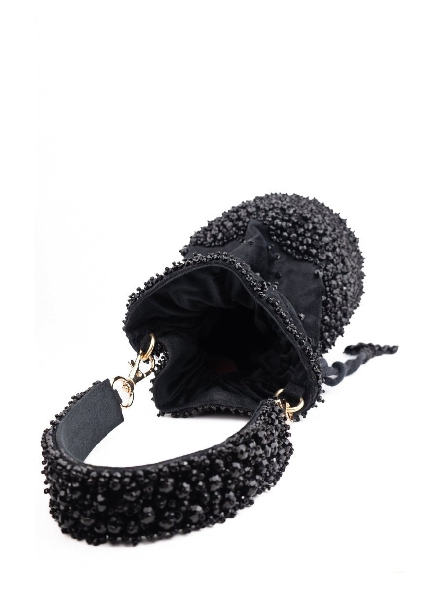 Black Suede Crystal Embellished Bucket Bag House of Kosha - Fabilicious Fashion