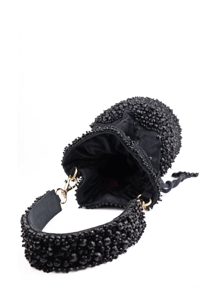 Black Suede Crystal Embellished Bucket Bag House of Kosha - Fabilicious Fashion