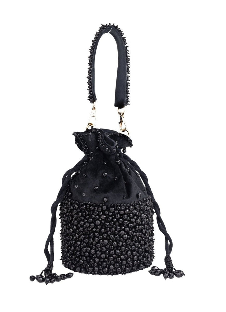 Black Suede Crystal Embellished Bucket Bag House of Kosha - Fabilicious Fashion