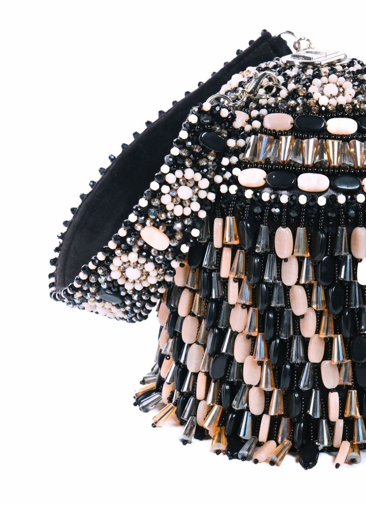 Black Suede Crystal Embellished Bucket Bag House of Kosha - Fabilicious Fashion