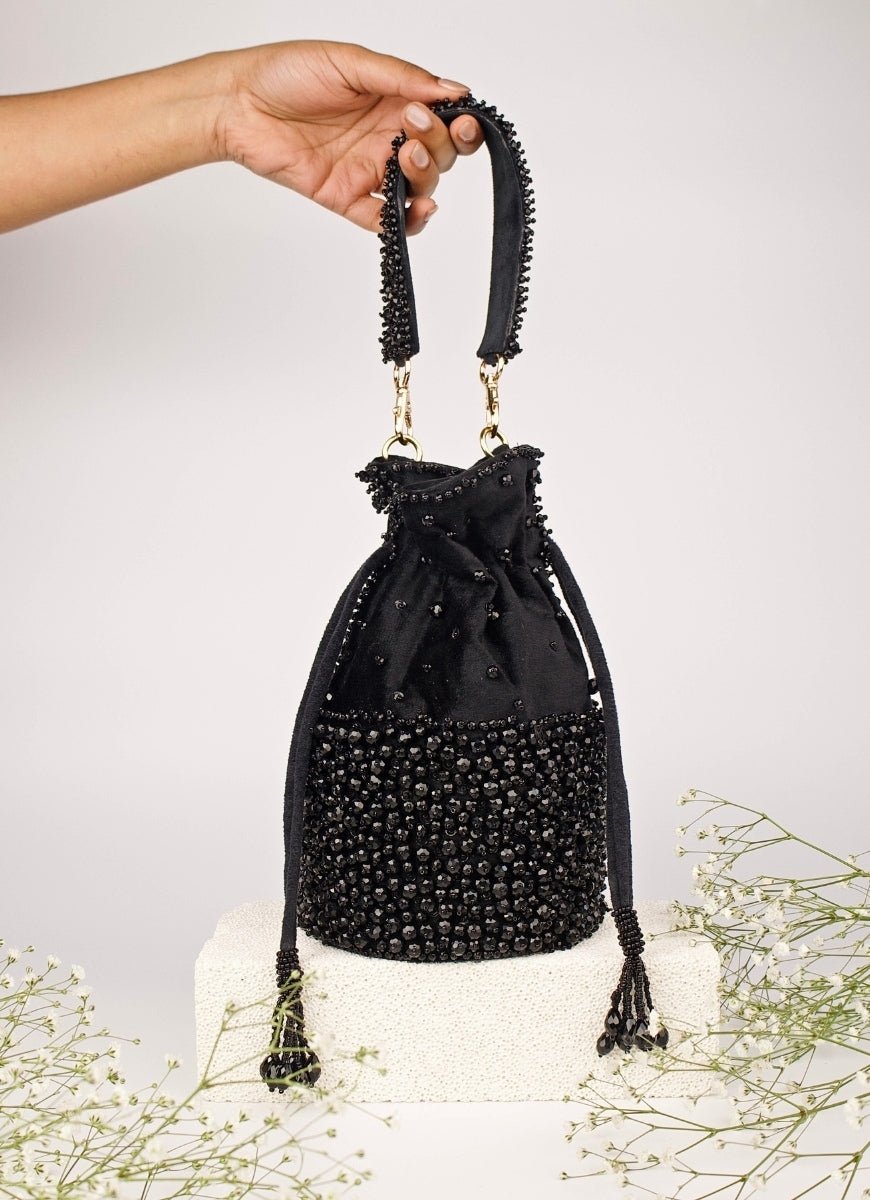 Black Suede Crystal Embellished Bucket Bag House of Kosha - Fabilicious Fashion