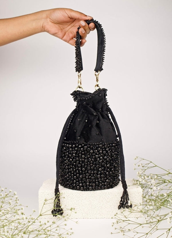 Black Suede Crystal Embellished Bucket Bag