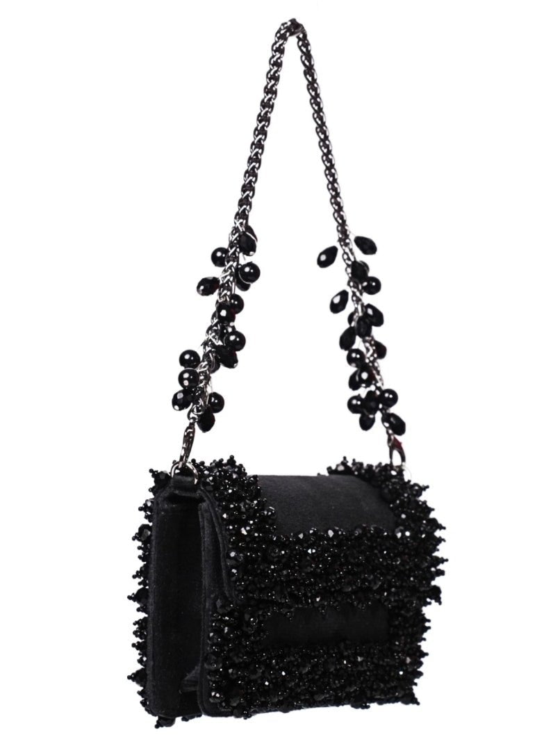 Black Suede Crystal Embellished Mini Bag House of Kosha - Fabilicious Fashion