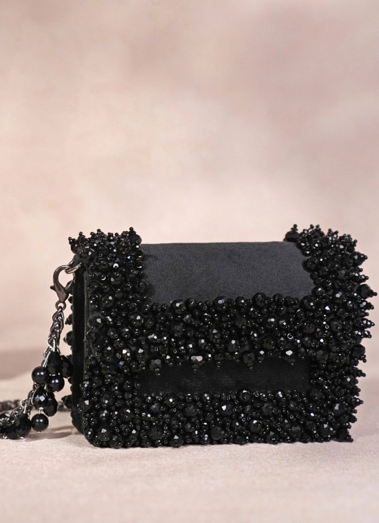 Black Suede Crystal Embellished Mini Bag House of Kosha - Fabilicious Fashion