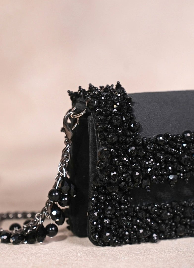 Black Suede Crystal Embellished Mini Bag House of Kosha - Fabilicious Fashion