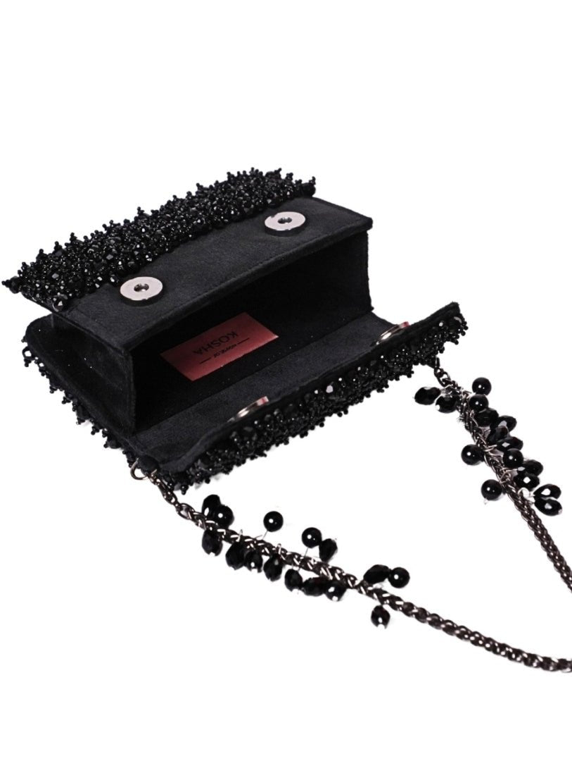 Black Suede Crystal Embellished Mini Bag House of Kosha - Fabilicious Fashion