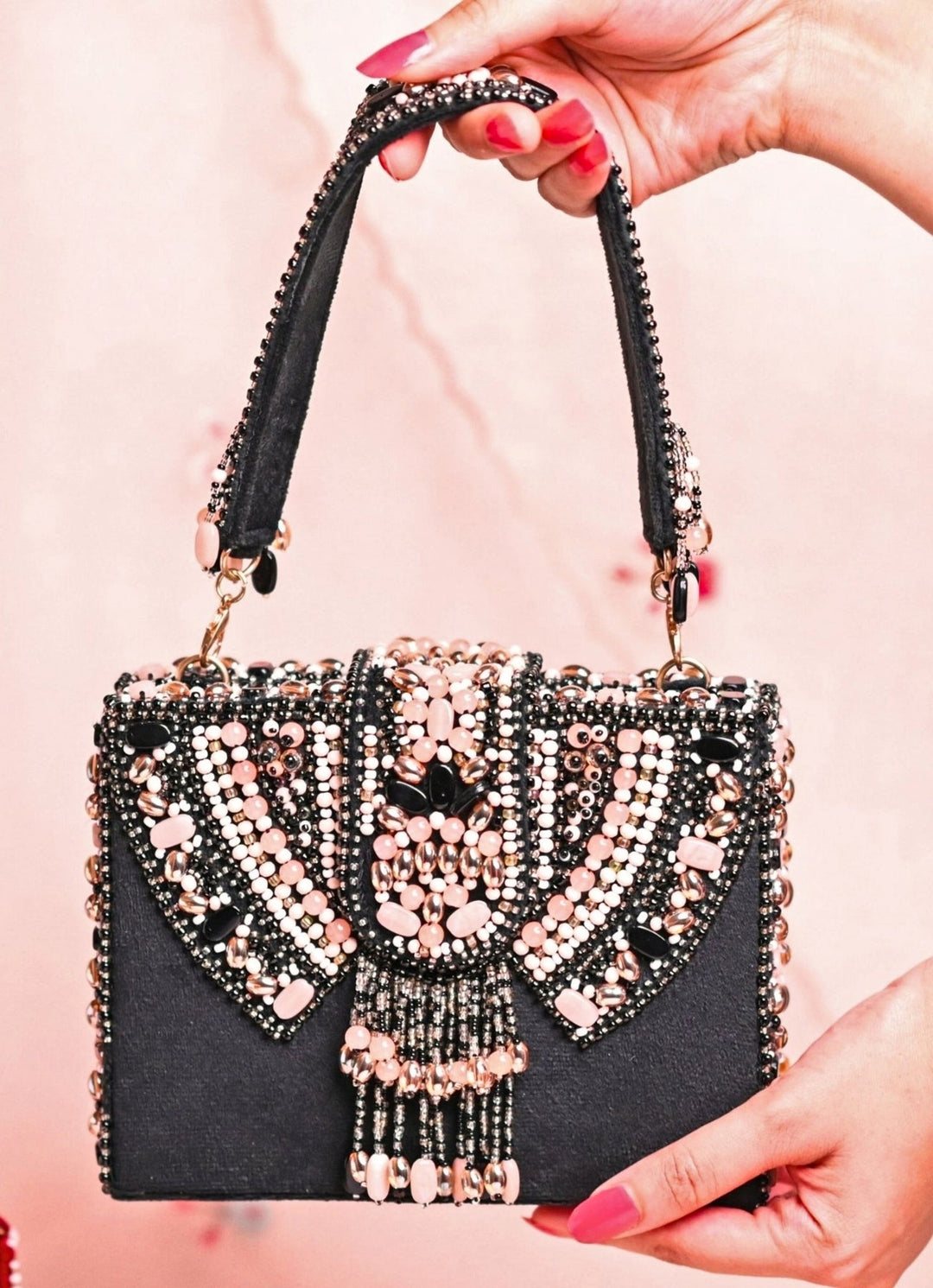 Black Suede Embellished Box Bag House of Kosha - Fabilicious Fashion