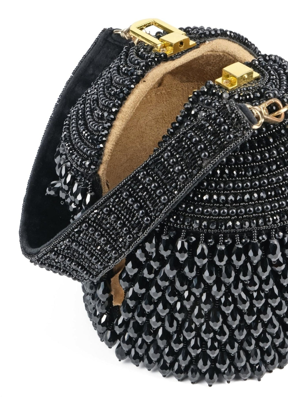 Black Suede Embellished Bucket Bag House of Kosha - Fabilicious Fashion