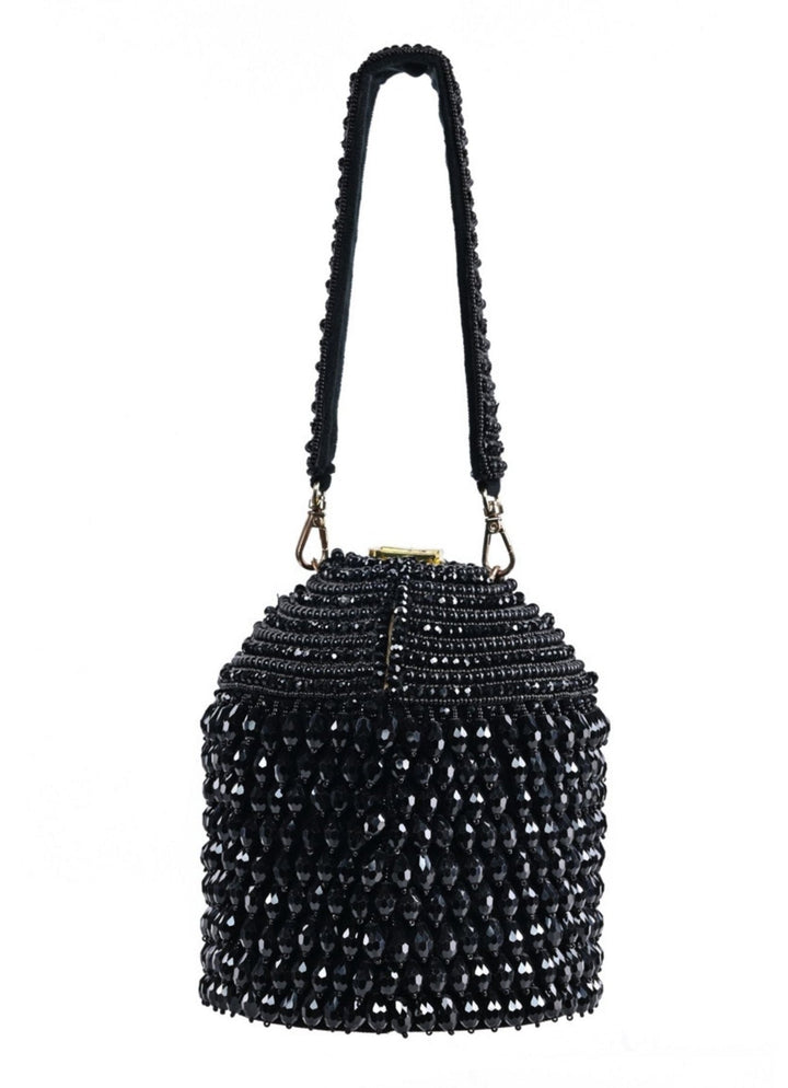 Black Suede Embellished Bucket Bag House of Kosha - Fabilicious Fashion