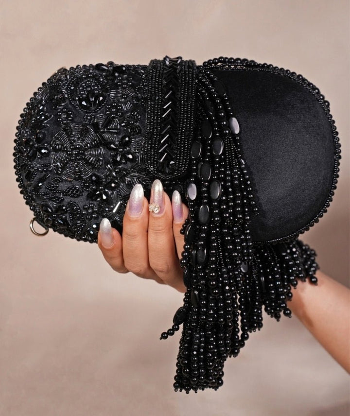 Black Suede Embellished Capsule Bag House of Kosha - Fabilicious Fashion