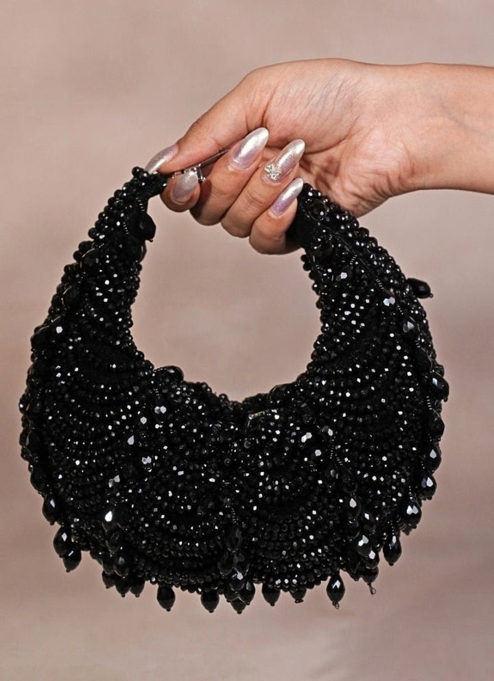 Black Suede Embellished Hobo Bag House of Kosha - Fabilicious Fashion