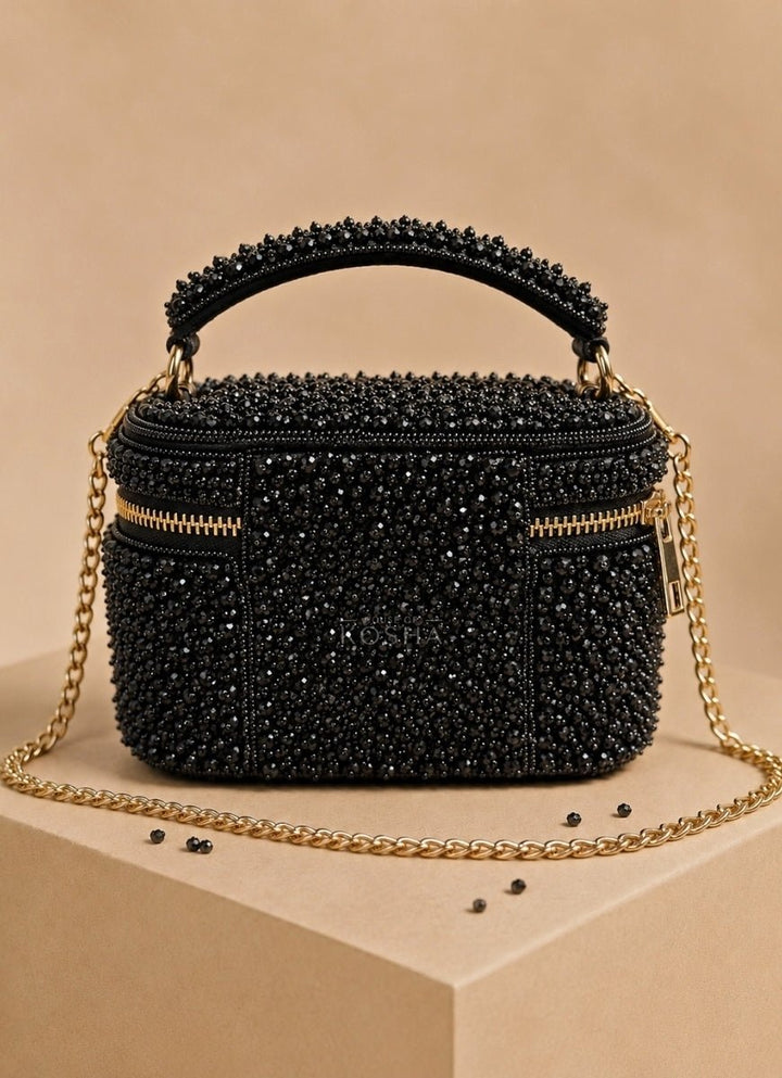 House of Kosha Black Suede Embroidered Vanity BagFabilicious Fashion