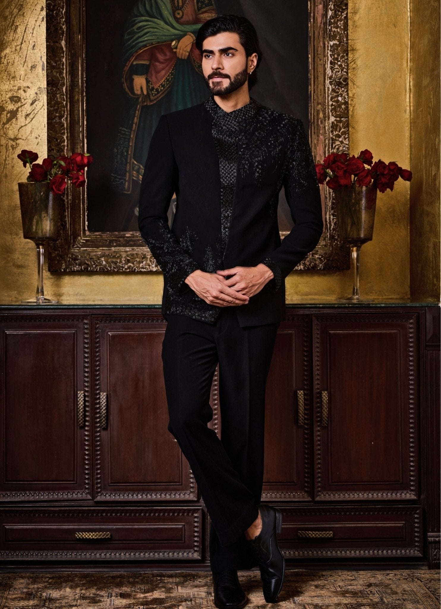 Black suiting jacket set for a reception, indo-western for men by Nitika Gujral Men, made to measure