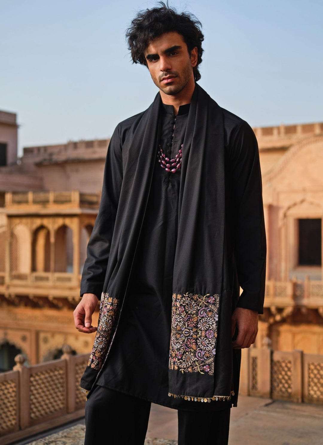 Darzi House Black Suiting Kurta Set with Embroidered ShawlFabilicious Fashion