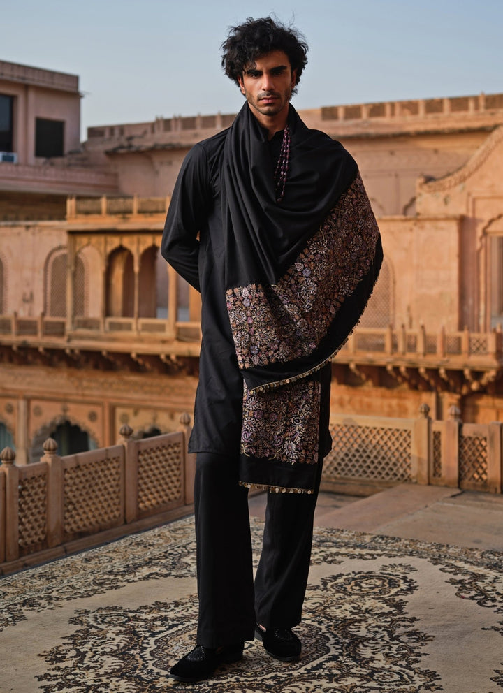 Darzi House Black Suiting Kurta Set with Embroidered ShawlFabilicious Fashion