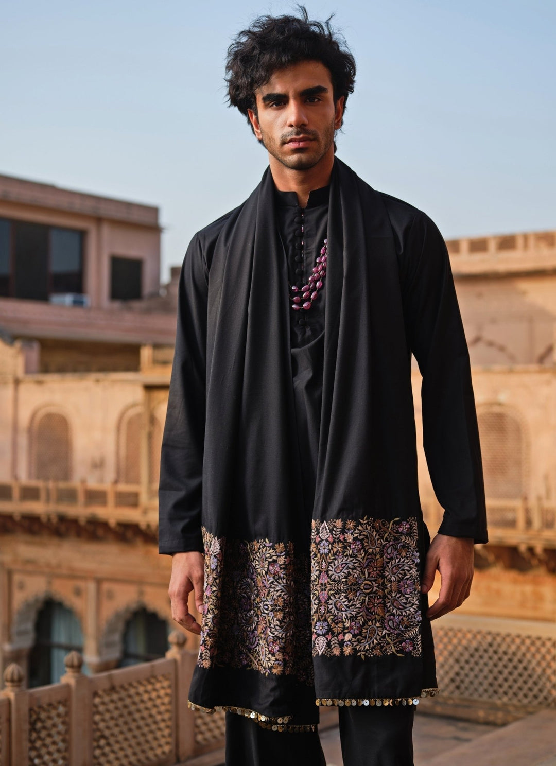 Darzi House Black Suiting Kurta Set with Embroidered ShawlFabilicious Fashion