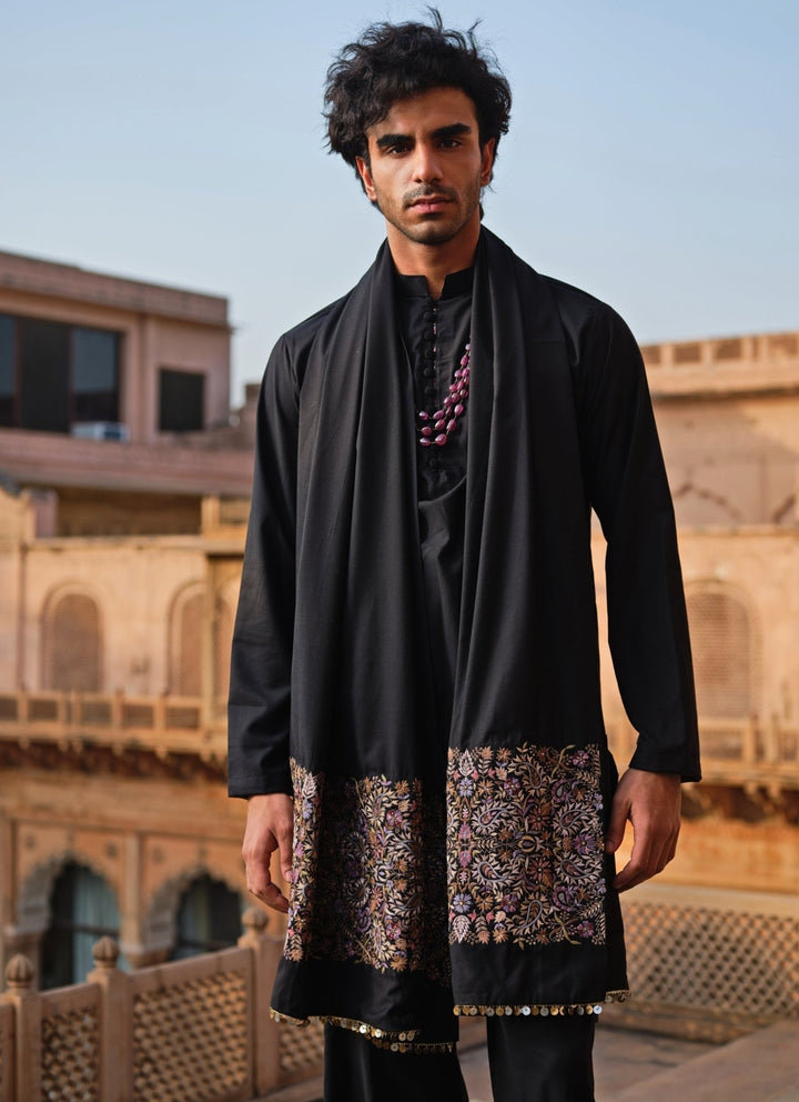 Darzi House Black Suiting Kurta Set with Embroidered ShawlFabilicious Fashion
