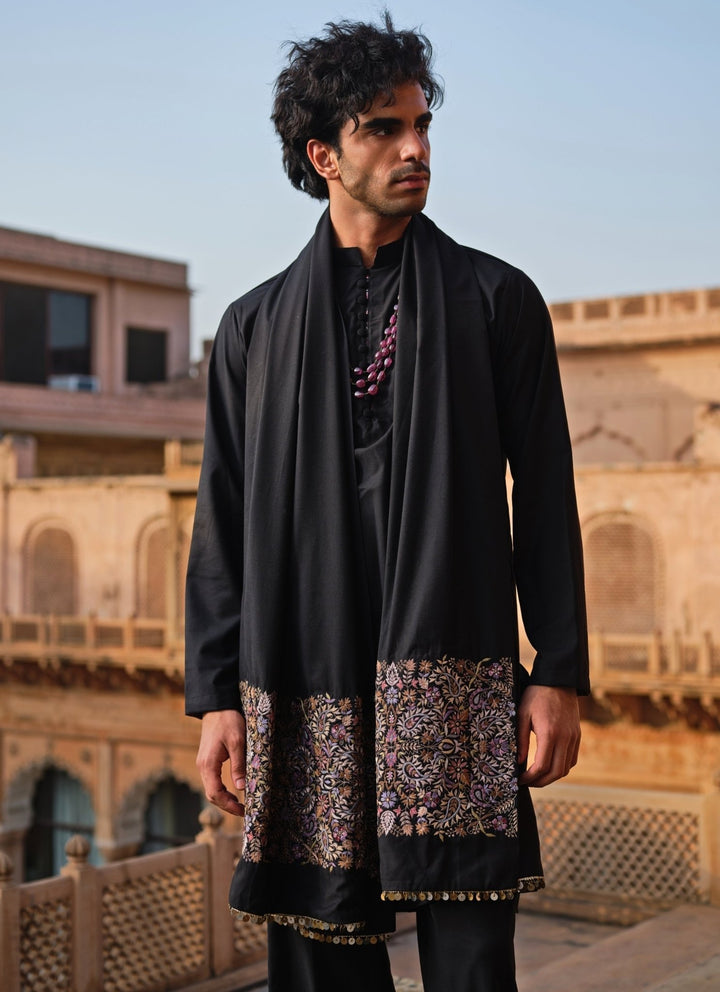 Darzi House Black Suiting Kurta Set with Embroidered ShawlFabilicious Fashion