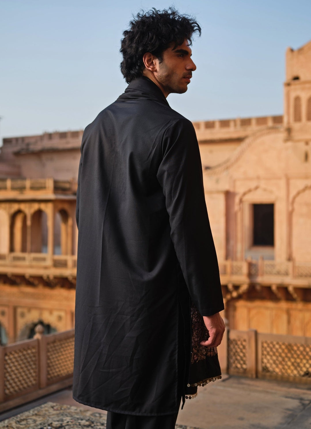 Darzi House Black Suiting Kurta Set with Embroidered ShawlFabilicious Fashion