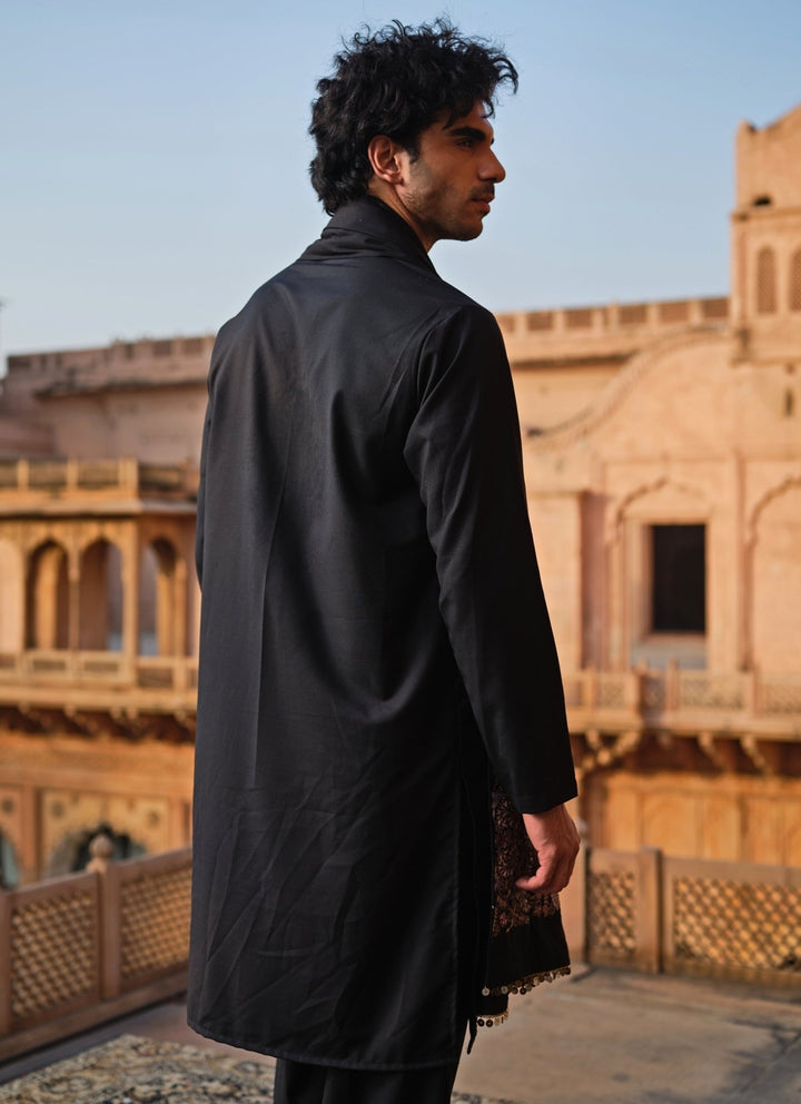 Darzi House Black Suiting Kurta Set with Embroidered ShawlFabilicious Fashion