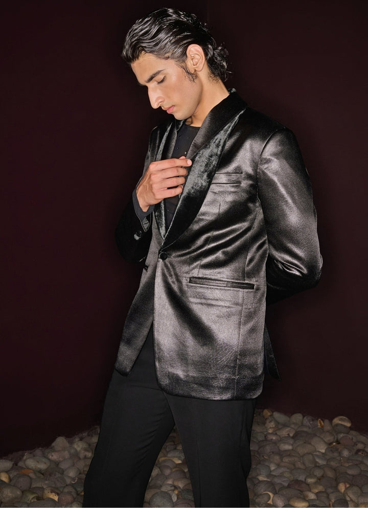 Black Textured Tuxedo Set Contrast By Parth - Fabilicious Fashion