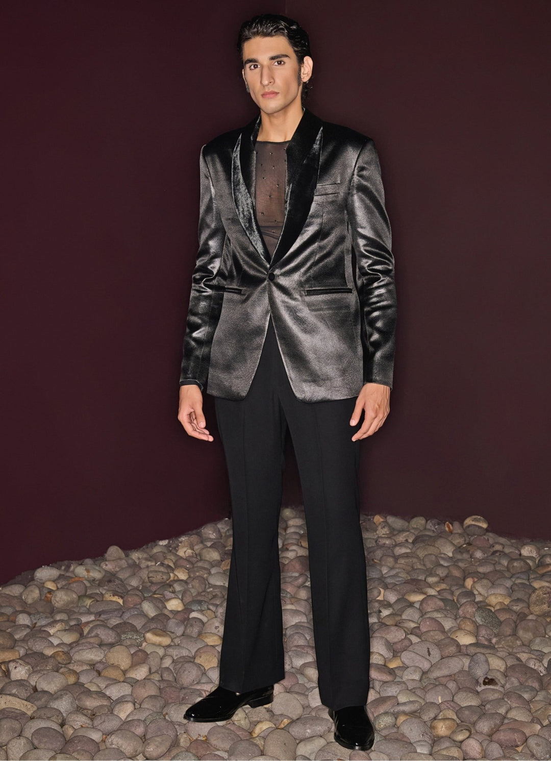 Black Textured Tuxedo Set Contrast By Parth - Fabilicious Fashion