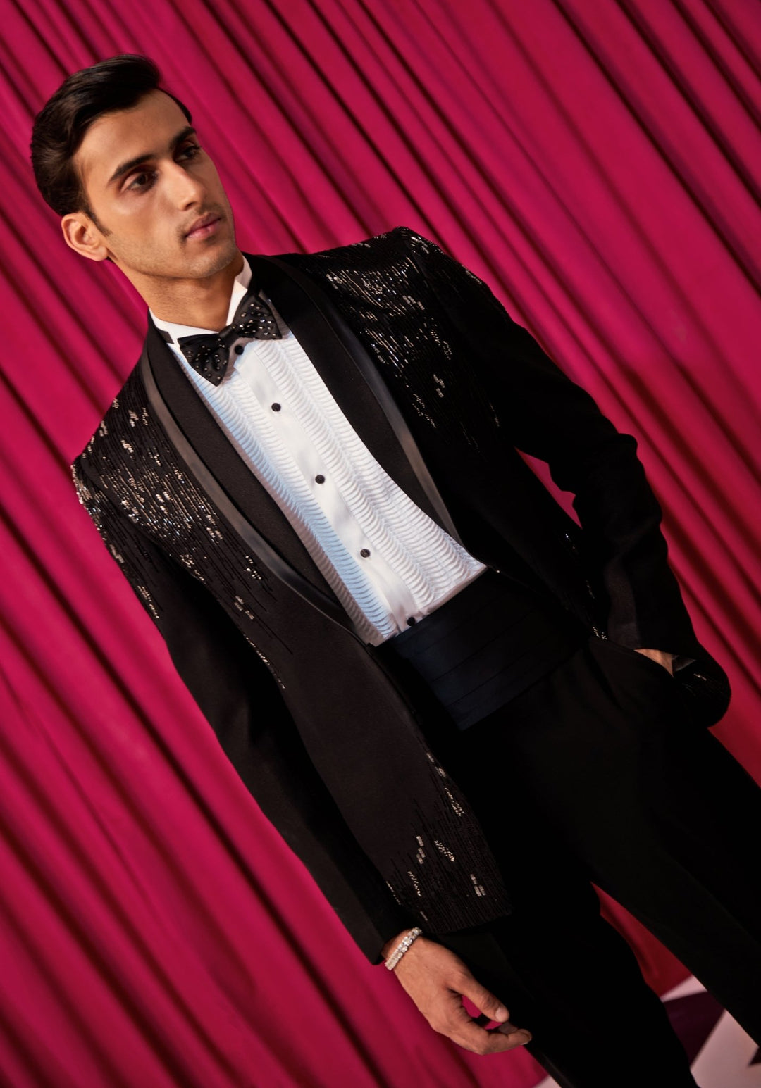 Black Textured Tuxedo Set Contrast by Parth - Fabilicious Fashion