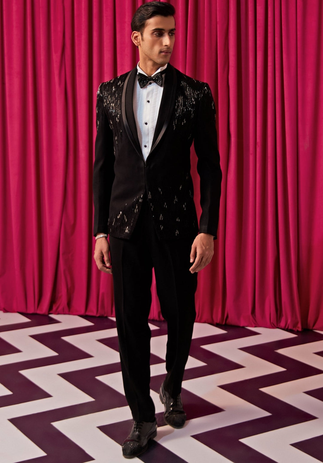 Black Textured Tuxedo Set Contrast by Parth - Fabilicious Fashion