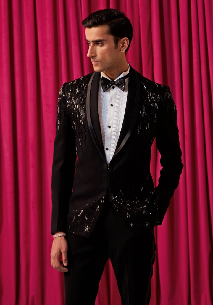 Black Textured Tuxedo Set