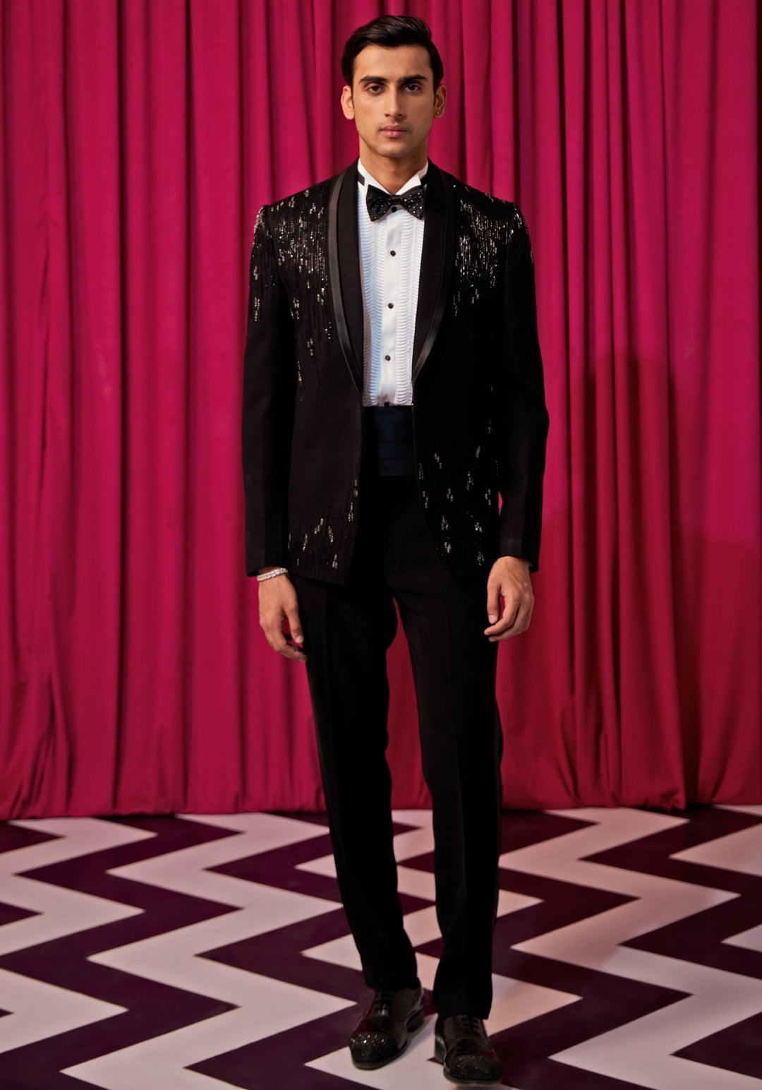 Black Textured Tuxedo Set Contrast by Parth - Fabilicious Fashion