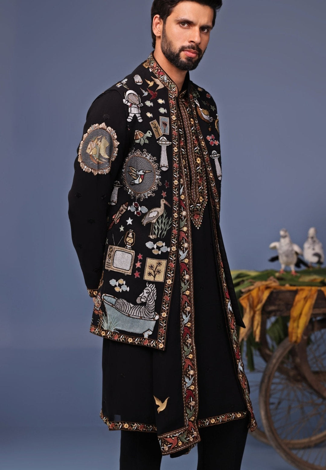 Black Thread Embroidered Georgette Kurta Jacket Set Kalpraag - Fabilicious Fashion