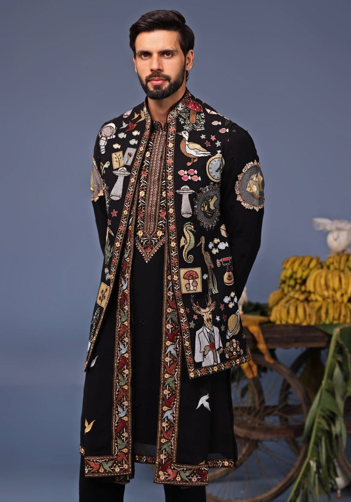 Black Thread Embroidered Georgette Kurta Jacket Set Kalpraag - Fabilicious Fashion