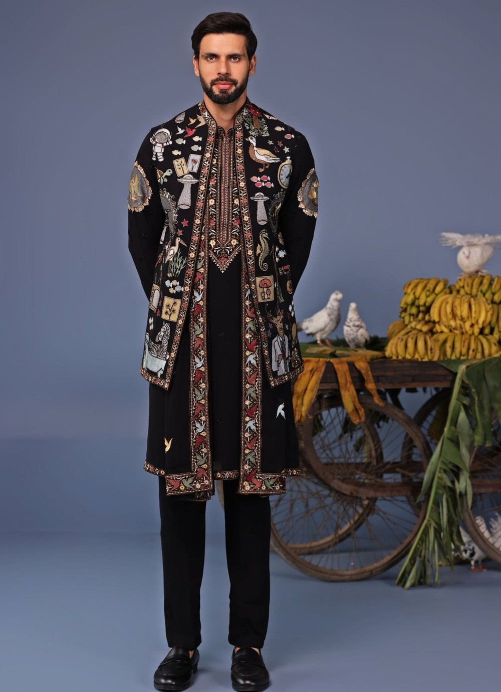 Black Thread Embroidered Georgette Kurta Jacket Set Kalpraag - Fabilicious Fashion