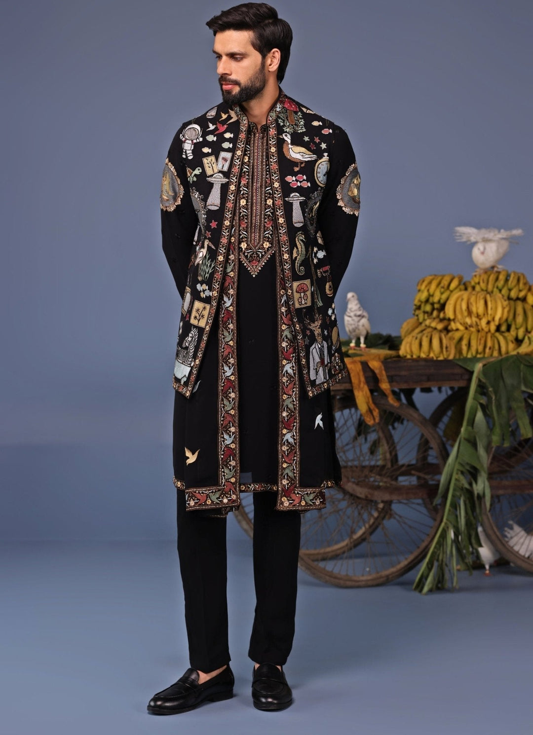 Black Thread Embroidered Georgette Kurta Jacket Set Kalpraag - Fabilicious Fashion