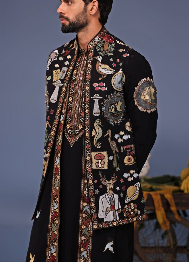 Black Thread Embroidered Georgette Kurta Jacket Set Kalpraag - Fabilicious Fashion