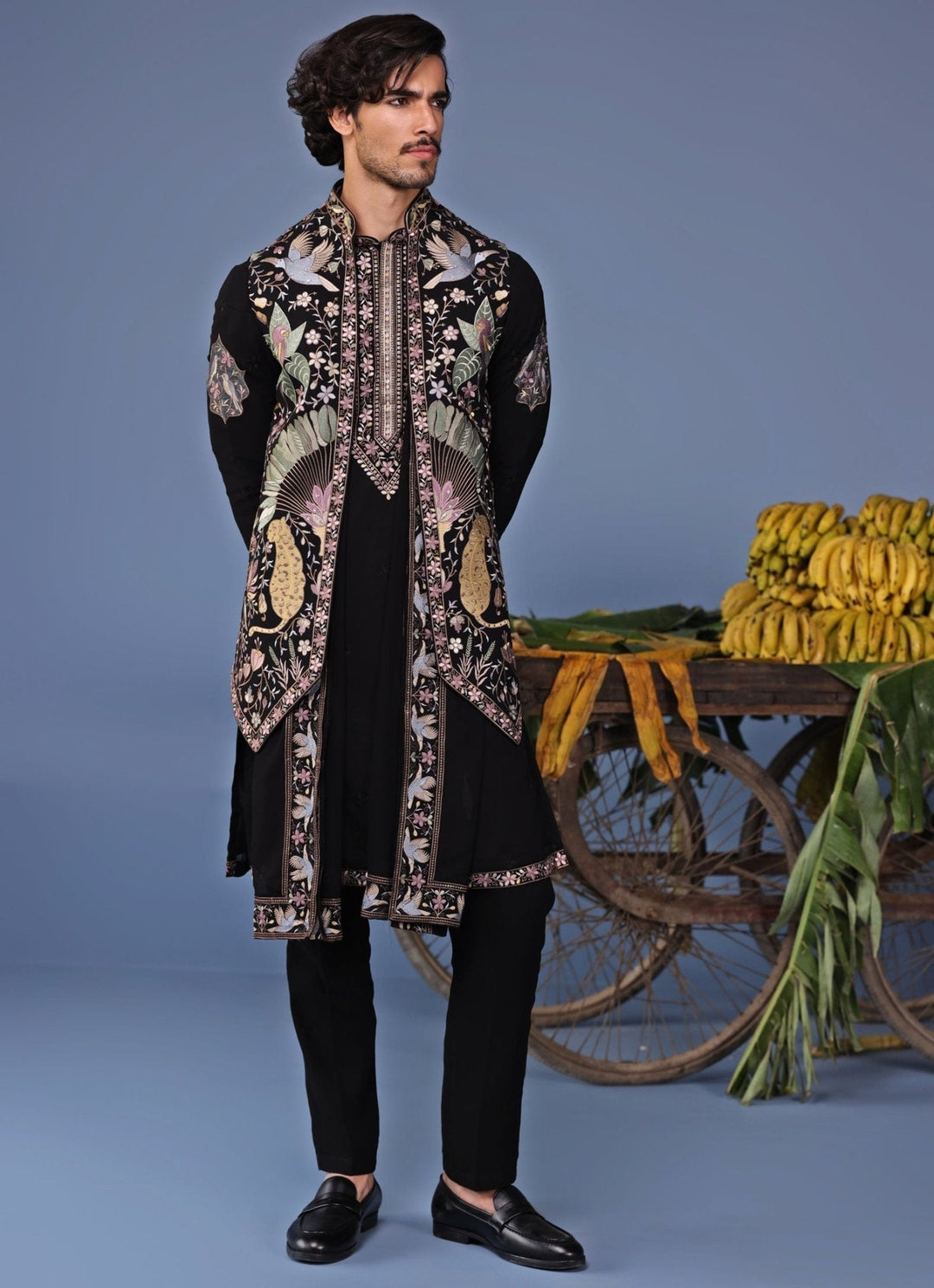 Black Thread Embroidered Kurta Pant Set with Jacket Kalpraag - Fabilicious Fashion