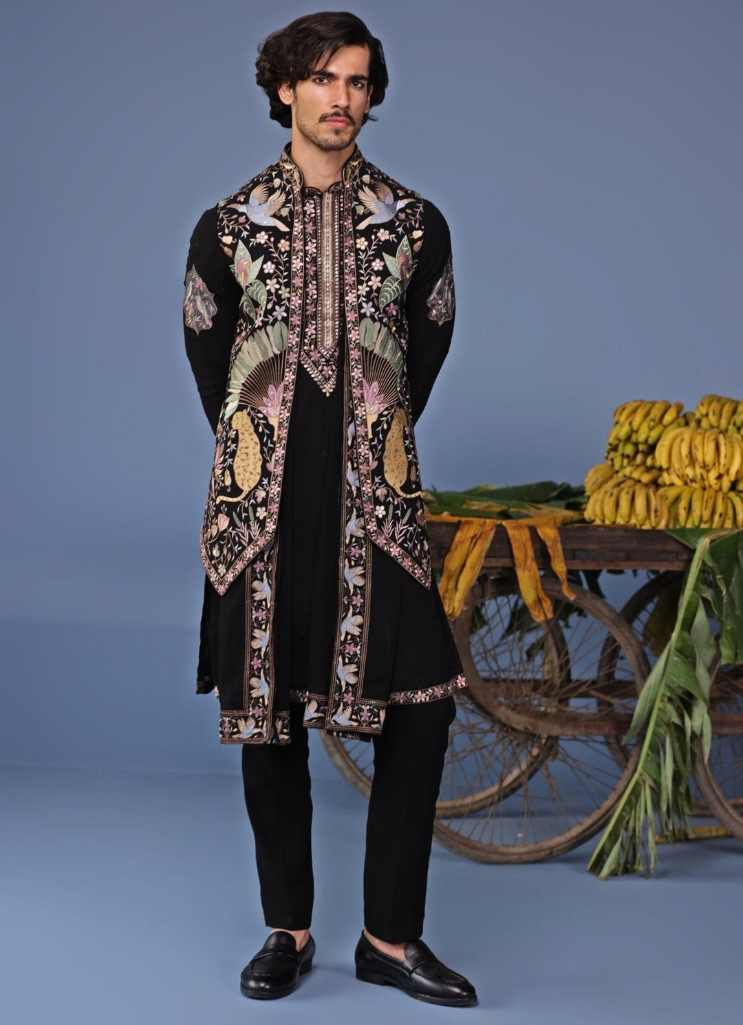 Black Thread Embroidered Kurta Pant Set with Jacket Kalpraag - Fabilicious Fashion