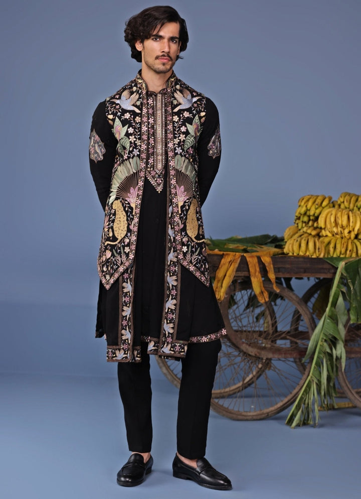 Black Thread Embroidered Kurta Pant Set with Jacket Kalpraag - Fabilicious Fashion