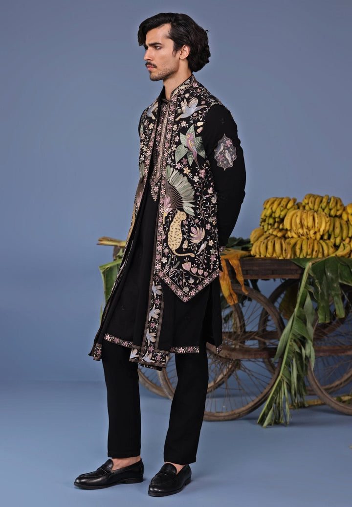 Black Thread Embroidered Kurta Pant Set with Jacket Kalpraag - Fabilicious Fashion
