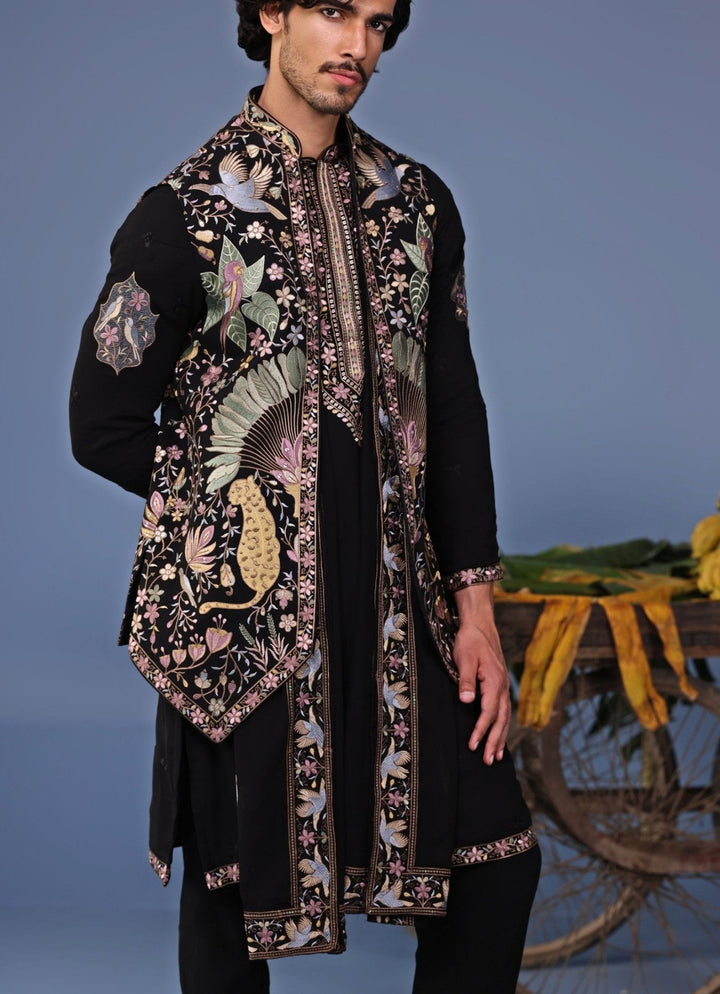 Black Thread Embroidered Kurta Pant Set with Jacket Kalpraag - Fabilicious Fashion