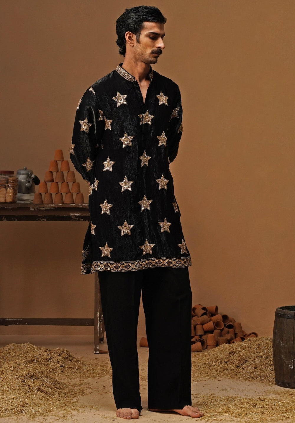 Kalpraag Black Tissue Silk Short Kurta Pants SetFabilicious Fashion
