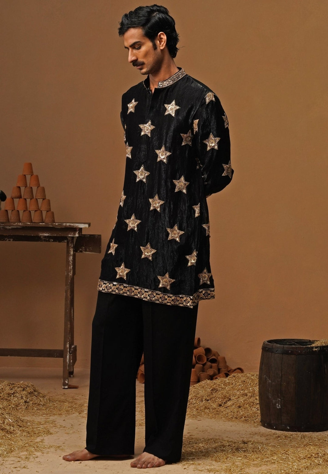 Kalpraag Black Tissue Silk Short Kurta Pants SetFabilicious Fashion